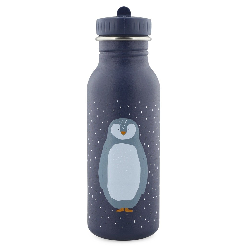 2. Studio shot of Trixie Baby Mr Penguin stainless steel bottle in navy with penguin design and dotted pattern
