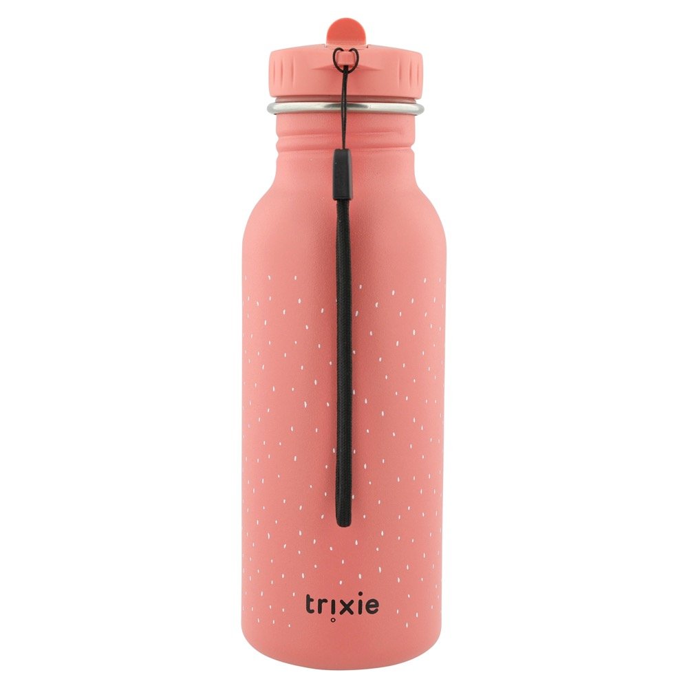2. Back view of pink Trixie Baby stainless steel bottle with black carrying loop and brand logo
