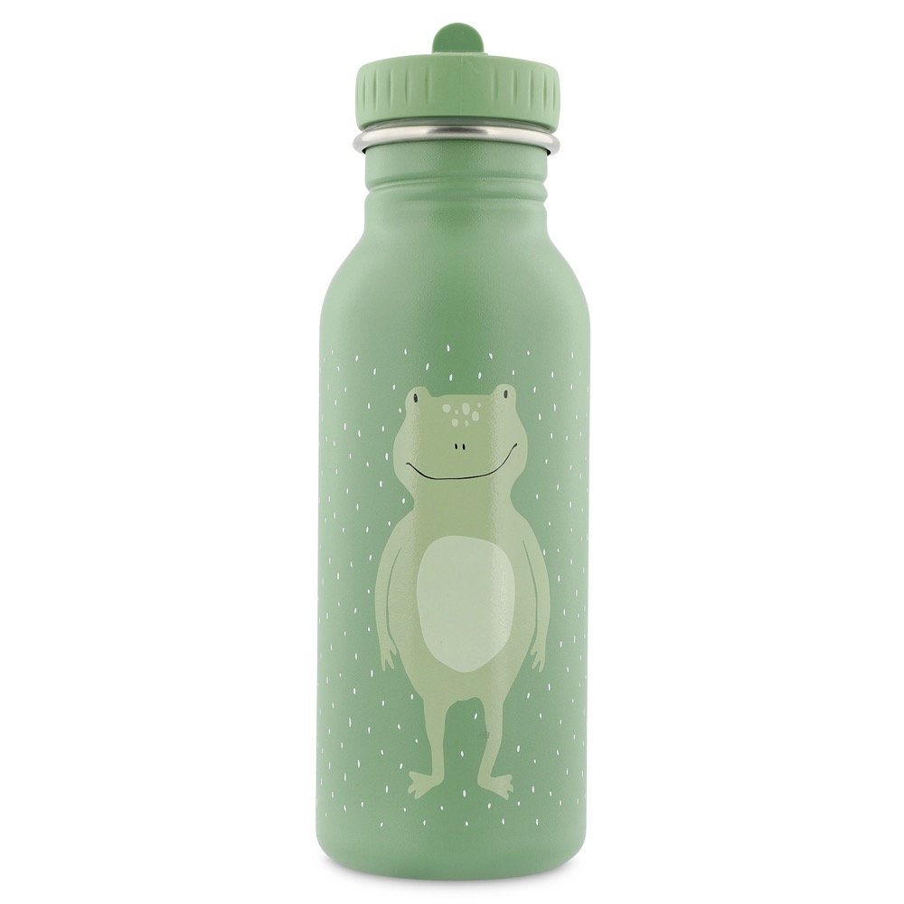 4. Green stainless steel bottle with frog illustration on white background