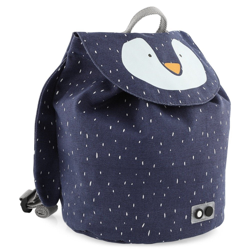 2. Side view of Trixie Baby Mini Drawstring Backpack in navy with Mr Penguin design, showing adjustable straps and penguin face flap