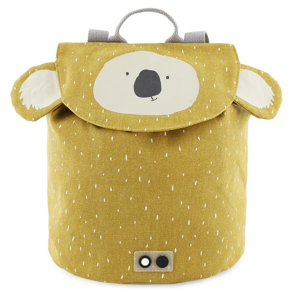 2. Trixie Baby Mini Drawstring Backpack Mr Koala in mustard yellow with koala face and ears, front view