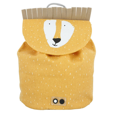 1. Front view of Trixie Baby Mini Drawstring Backpack in yellow with lion face and mane detail