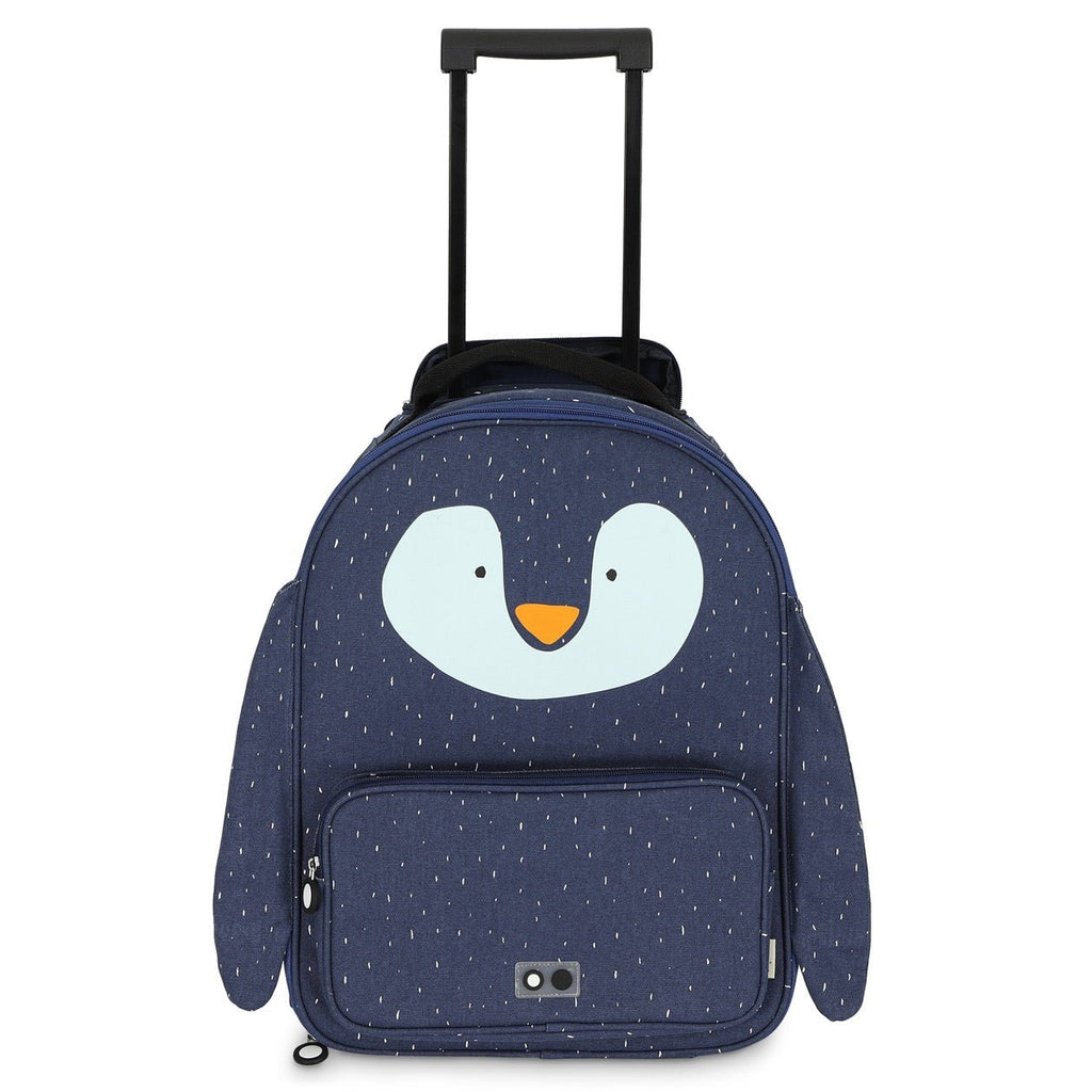 1. Front view of Trixie Baby Mr Penguin kids' travel trolley in navy with penguin face design and telescopic handle