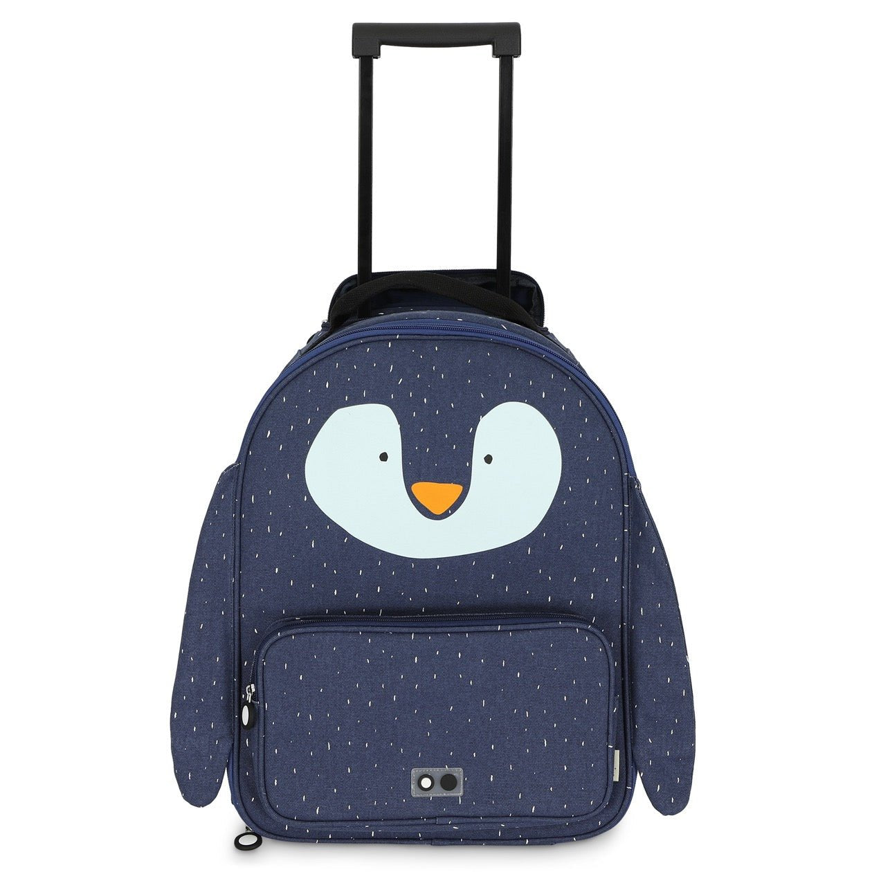 1. Front view of Trixie Baby Mr Penguin kids' travel trolley in navy with penguin face design and telescopic handle
