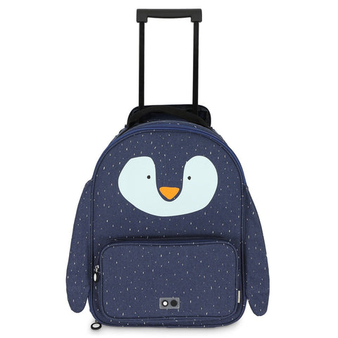 1. Front view of Trixie Baby Mr Penguin kids' travel trolley in navy with penguin face design and telescopic handle