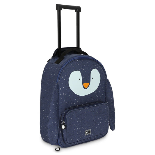 2. Side view of Trixie Baby Mr Penguin kids' travel trolley in navy showing penguin design and front pocket