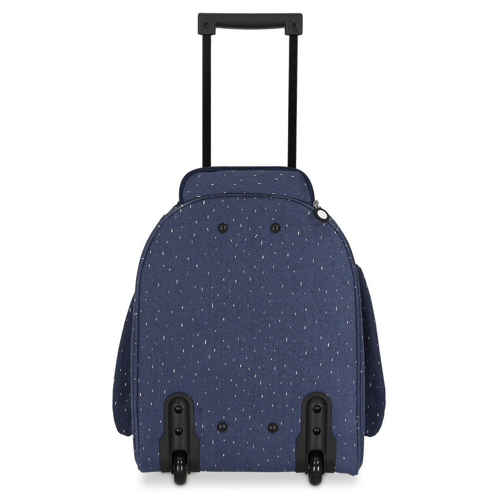 3. Back view of Trixie Baby Mr Penguin kids' travel trolley in navy with wheels and telescopic handle