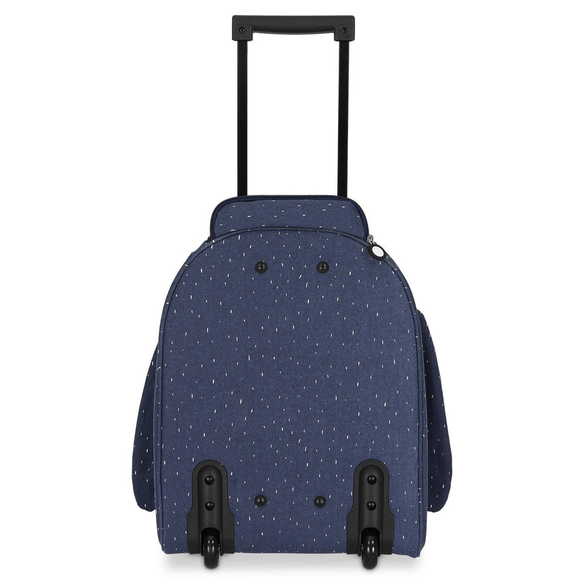 3. Back view of Trixie Baby Mr Penguin kids' travel trolley in navy with wheels and telescopic handle