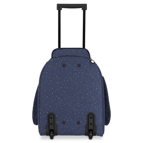 3. Back view of Trixie Baby Mr Penguin kids' travel trolley in navy with wheels and telescopic handle