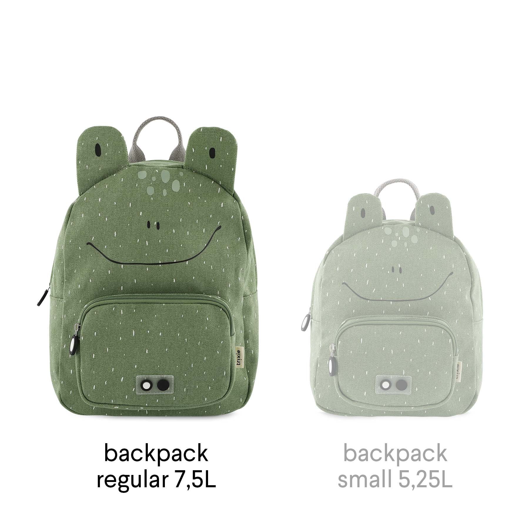 4. Comparison of regular 7.5L and small 5.25L Mr Frog backpacks by Trixie Baby, both green with frog face design