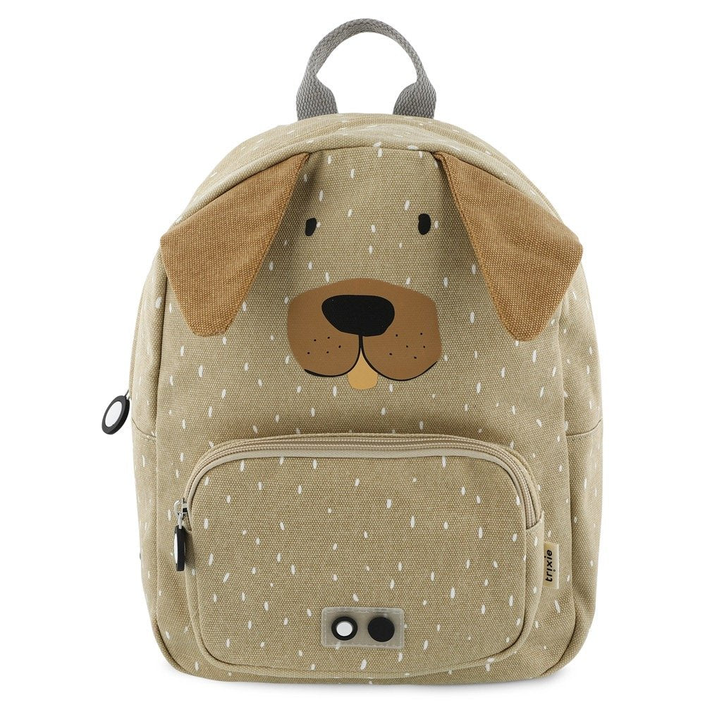 1. Beige children's backpack with dog face design, featuring brown ears and black nose, front pocket with zipper, and top handle