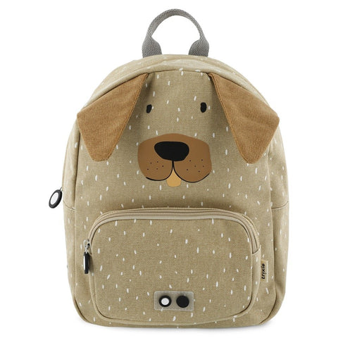 1. Beige children's backpack with dog face design, featuring brown ears and black nose, front pocket with zipper, and top handle