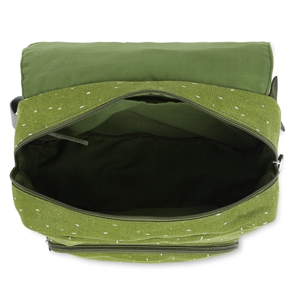 3. Open green Mr Dino school bag showing spacious interior and zipper, Trixie Baby
