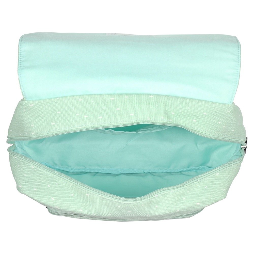 2. Interior view of Trixie Baby Mr Polar Bear school bag in mint green, showing spacious main compartment