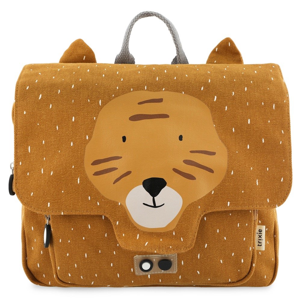 2. Front view of Trixie Baby Mr Tiger school bag in orange with tiger face design, featuring front pocket and easy zippers