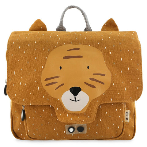 2. Front view of Trixie Baby Mr Tiger school bag in orange with tiger face design, featuring front pocket and easy zippers