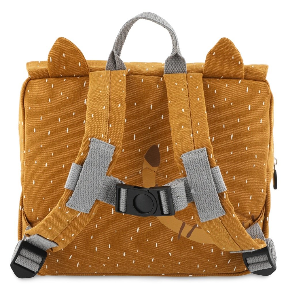 3. Back view of Trixie Baby Mr Tiger school bag showing adjustable padded shoulder straps and chest strap