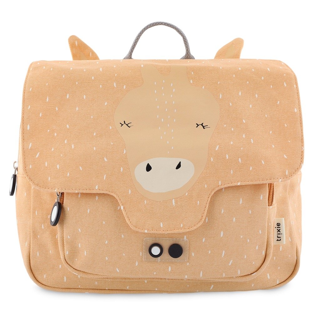 2. Trixie Baby Mrs Giraffe school bag in orange with giraffe face design, front view showing front pocket and brand logo