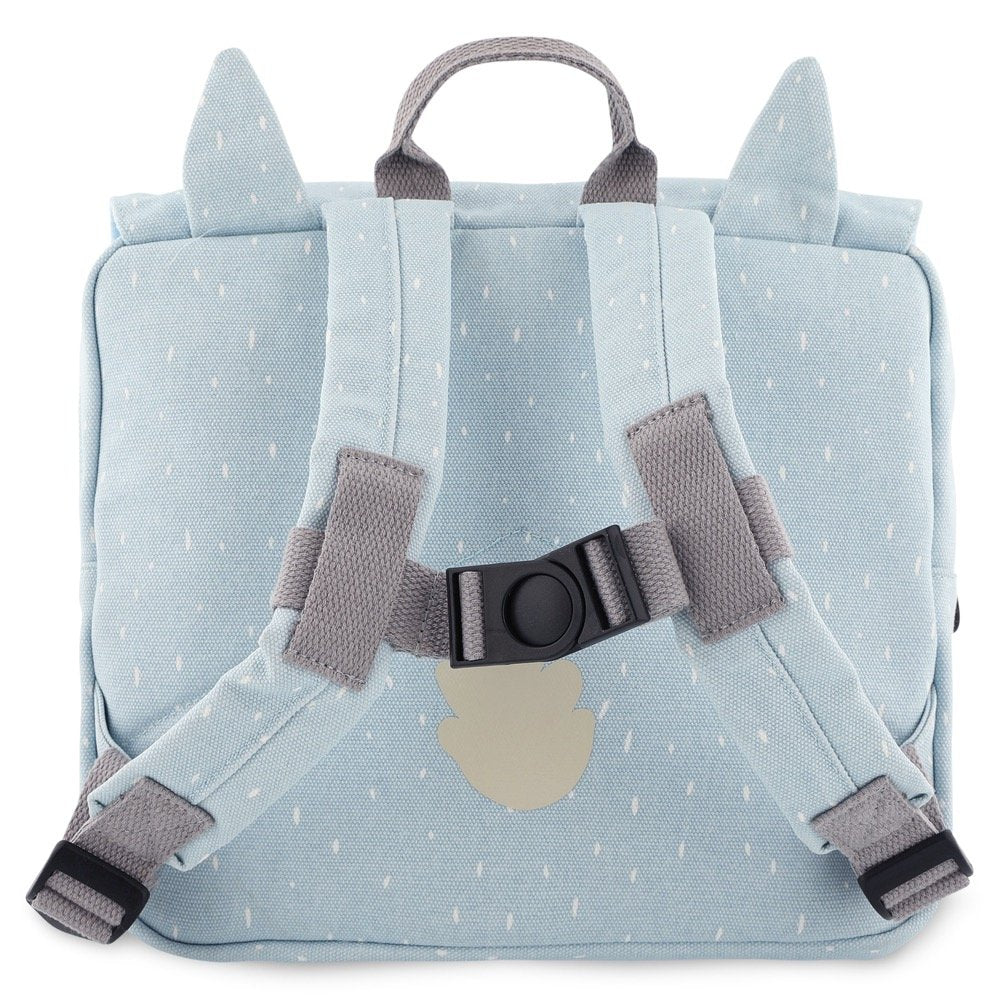 2. Back view of light blue alpaca-themed school bag showing adjustable padded shoulder straps and chest strap