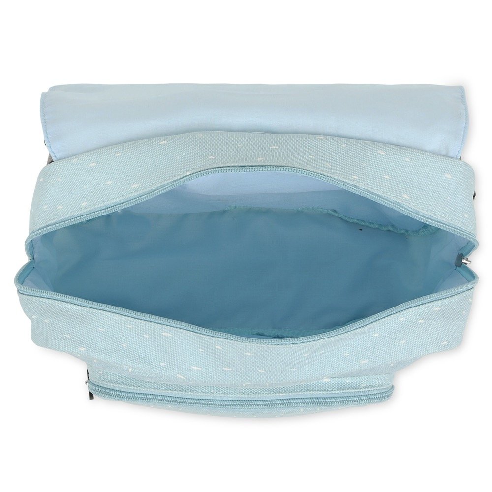 3. Open view of spacious main compartment of light blue alpaca-themed school bag