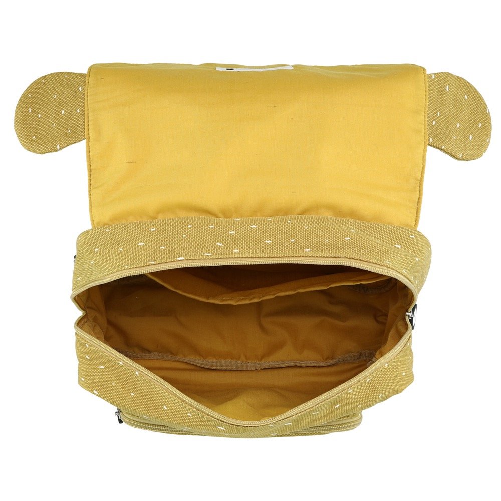 3. Interior view of Trixie Baby Mr Koala school bag showing spacious main compartment and front pocket in mustard yellow