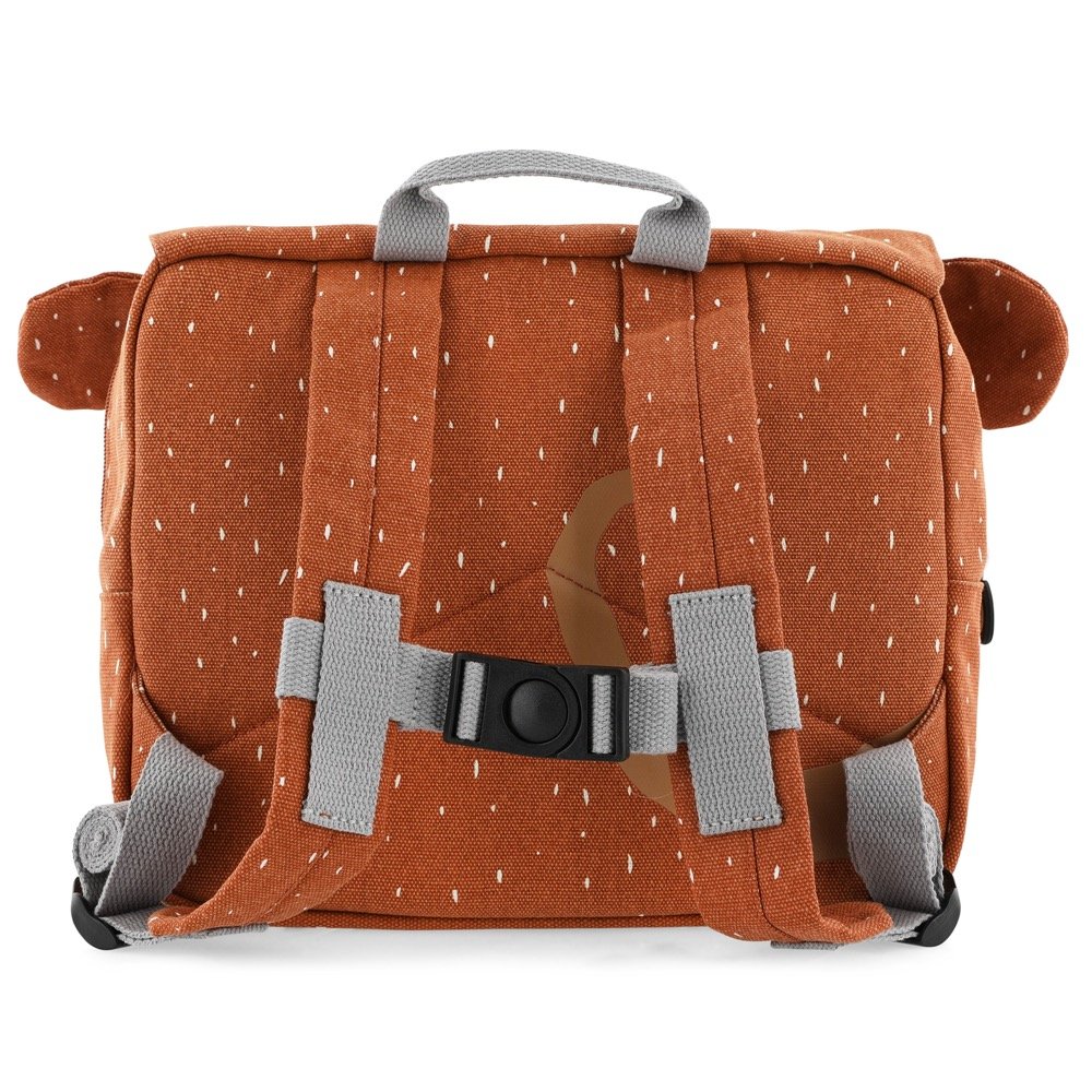 3. Back view of Trixie Baby Mr Monkey school bag showing adjustable padded shoulder straps and chest strap