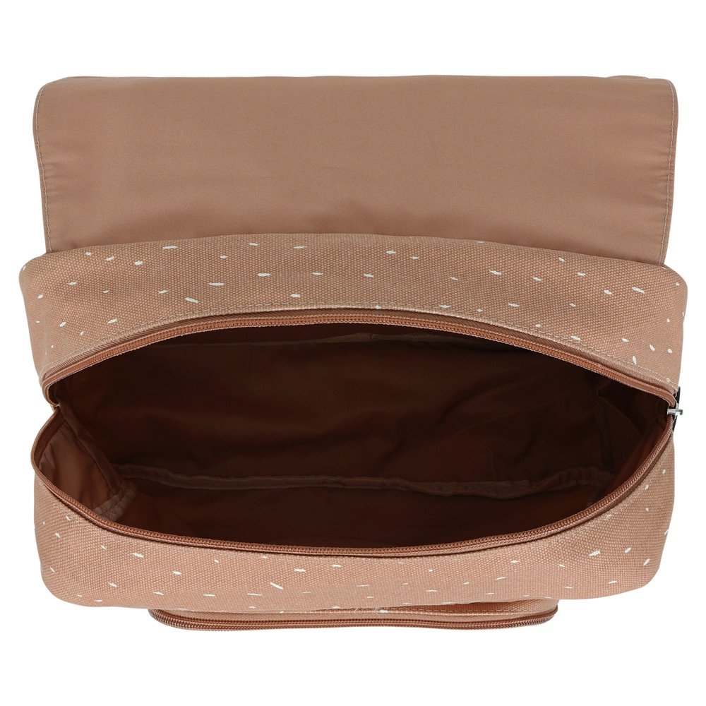 4. Open view of brown school bag showing spacious main compartment and lining