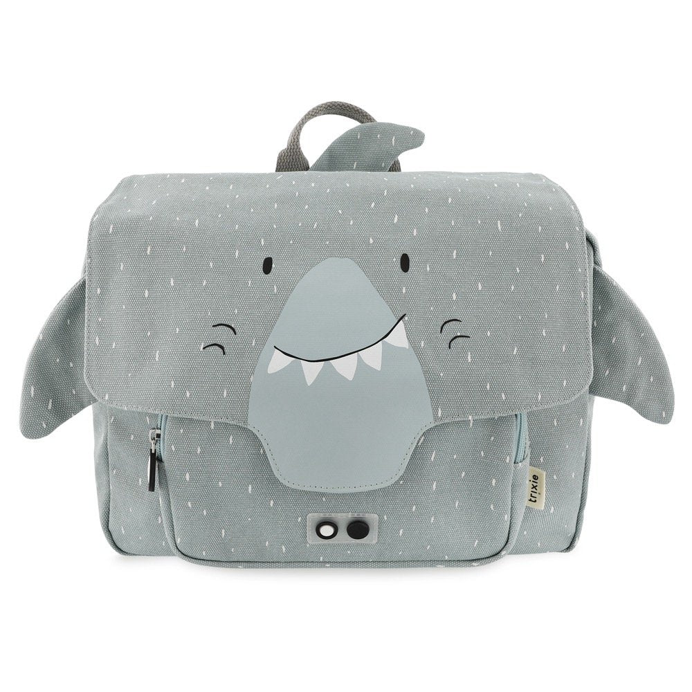 4. Front view of light blue children's school bag with smiling shark face design, front pocket, and Trixie Baby label