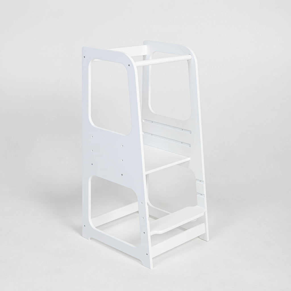 12. White Montessori helper tower step stool on white background
