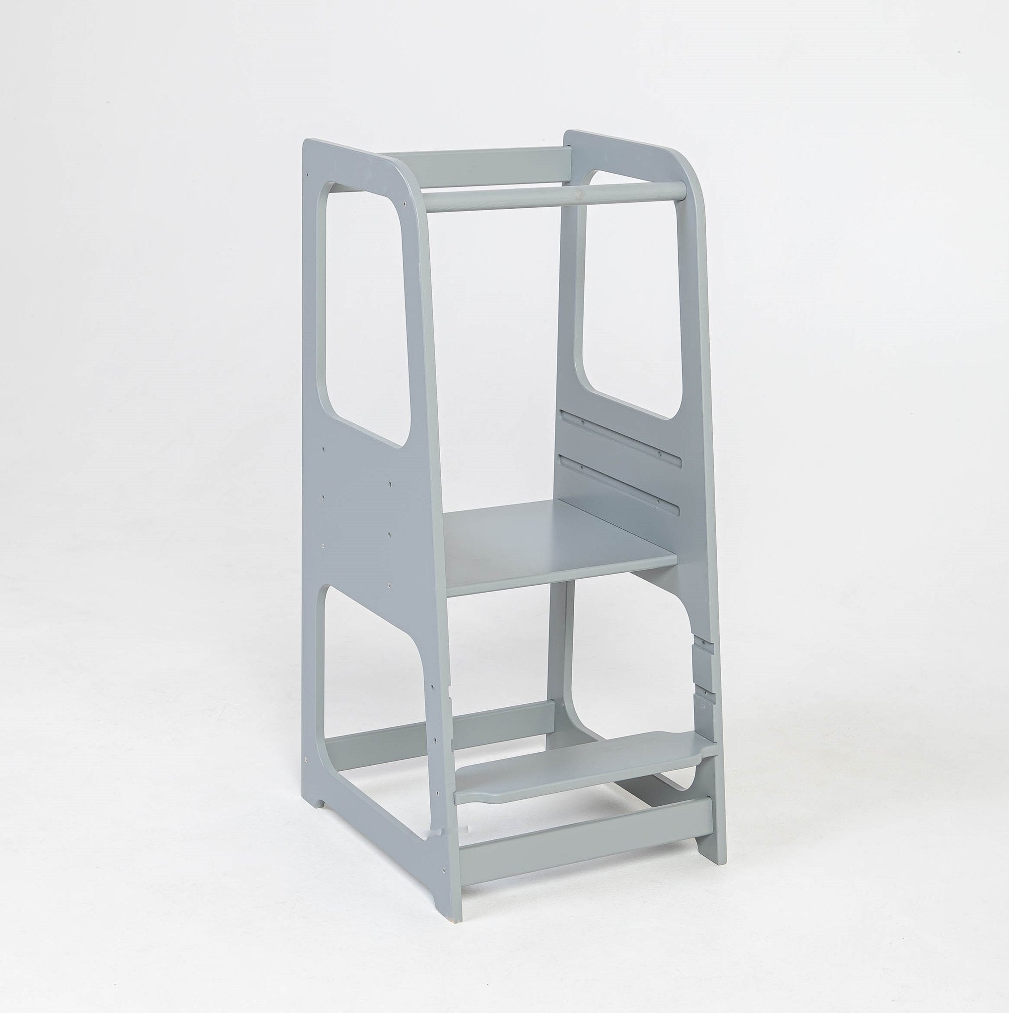 13. Grey Montessori helper tower step stool on white background