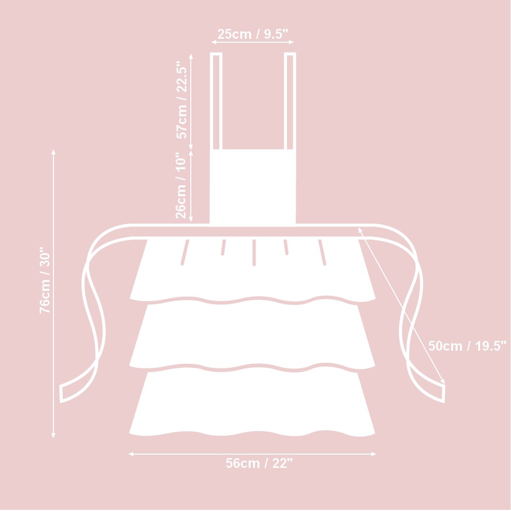 6. Size chart for Hortensias Home Botanico apron, showing dimensions in cm and inches