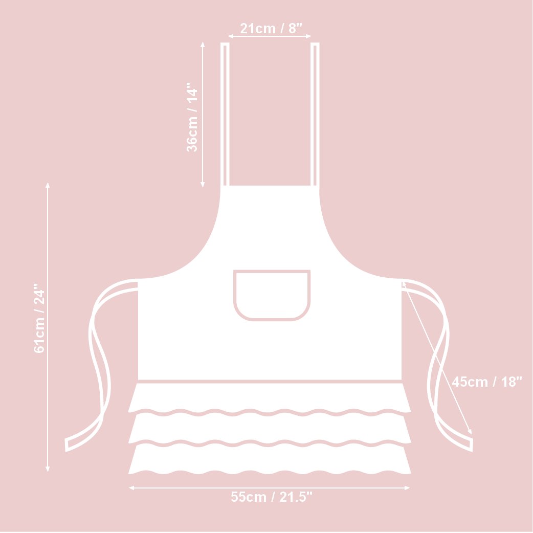 2. Size chart for Hortensias Home kids apron, showing dimensions in centimeters and inches