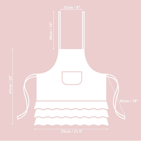 2. Size chart for Hortensias Home kids apron, showing dimensions in centimeters and inches
