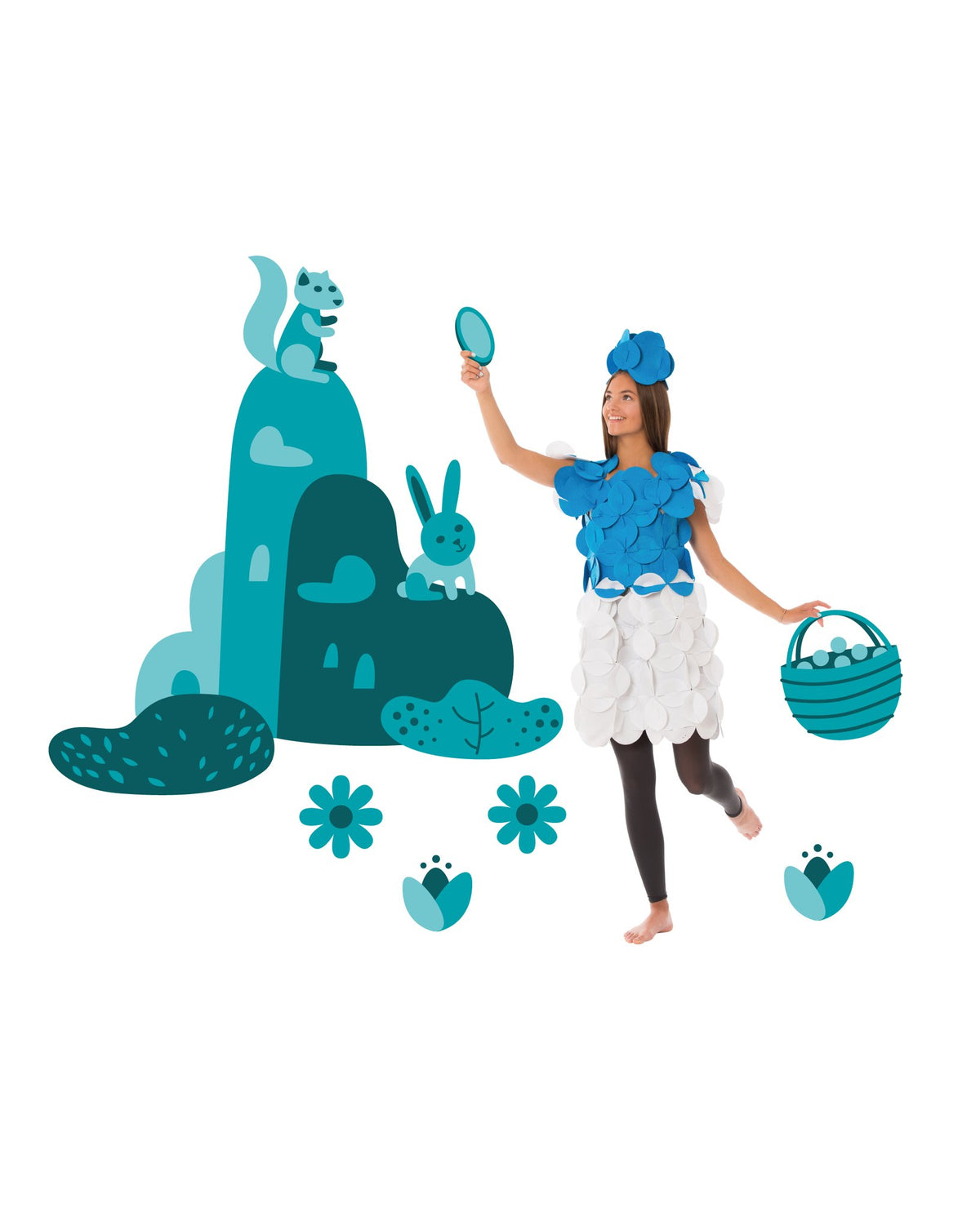 1. Woman in blue and white felt costume with basket, surrounded by illustrated animals and flowers on black background