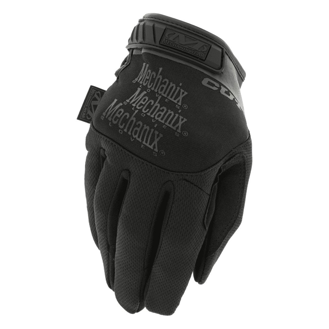 1. Black Mechanix tactical glove with logo on backhand, featuring breathable Spandex material and TPR closure