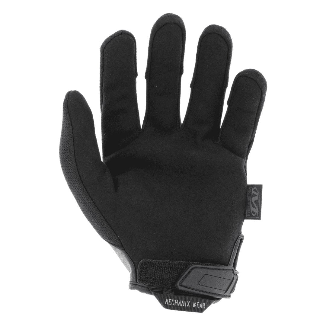 5. Black Mechanix glove palm view with adjustable TPR strap and cut-resistant material