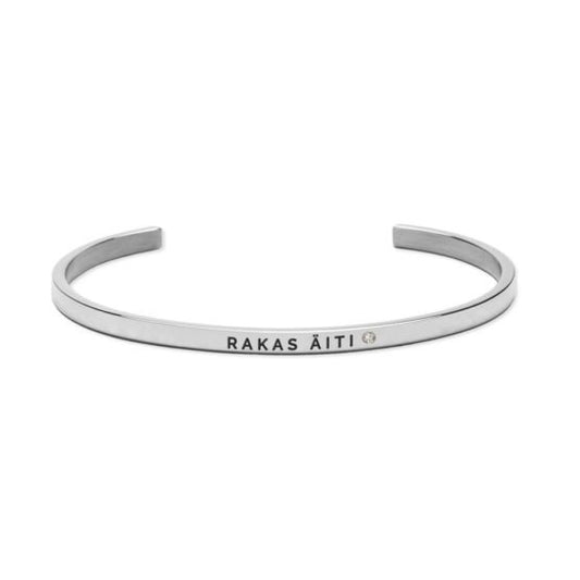 2. Studio image of Olla RAKAS ÄITI bracelet in silver, featuring engraved message and polished stainless steel