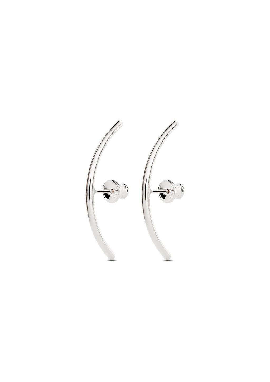 5. Studio shot of NO MORE Radius earrings in sterling silver, featuring curved design and push-back clasps