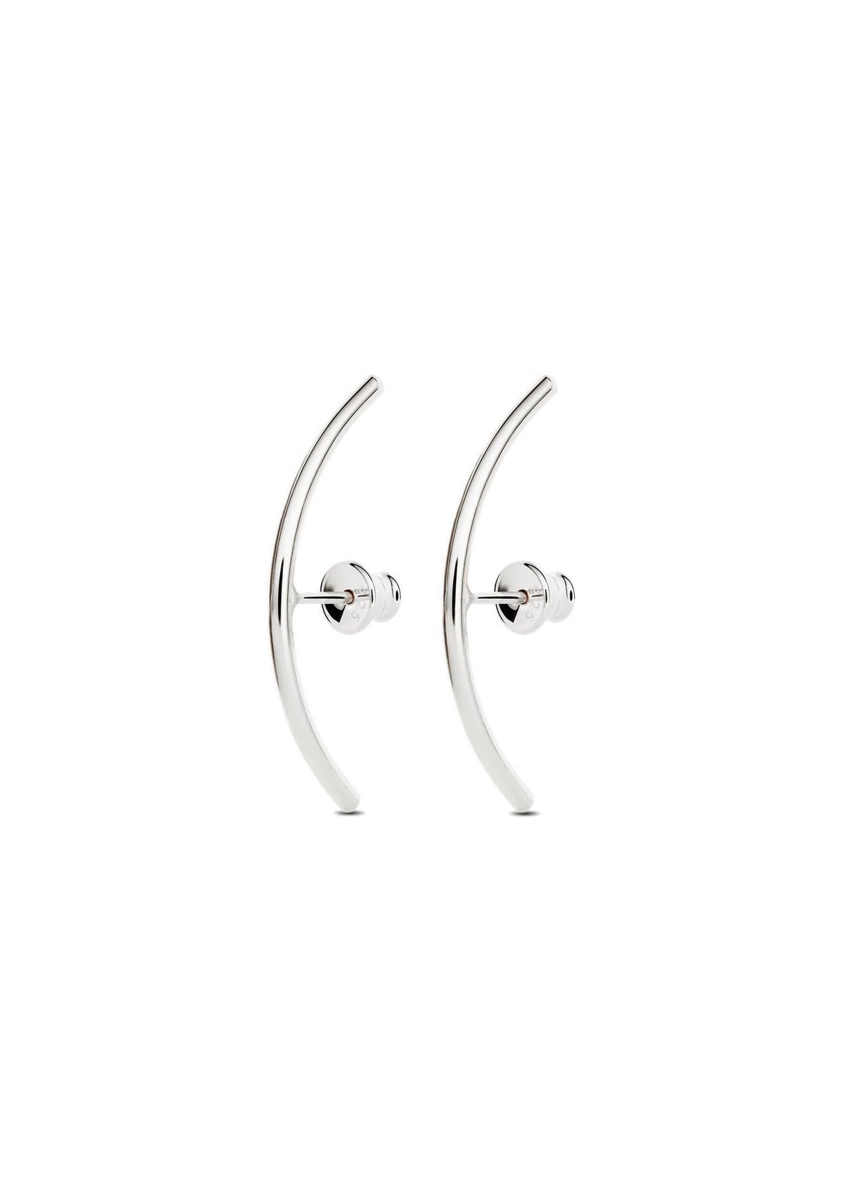 5. Studio shot of NO MORE Radius earrings in sterling silver, featuring curved design and push-back clasps