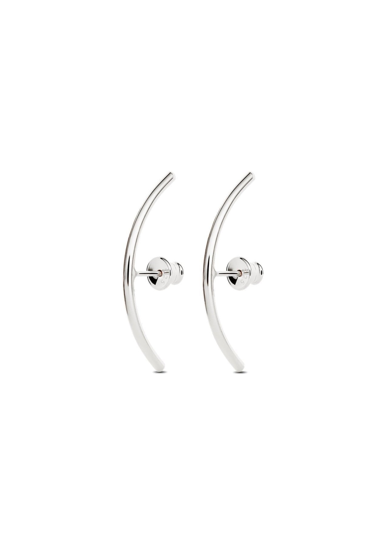 5. Studio shot of NO MORE Radius earrings in sterling silver, featuring curved design and push-back clasps