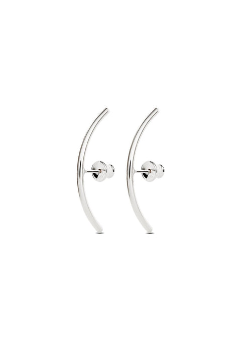 5. Studio shot of NO MORE Radius earrings in sterling silver, featuring curved design and push-back clasps