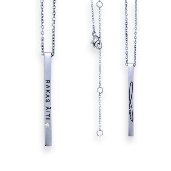 2. Olla RAKAS ÄITI necklace in silver stainless steel with engraved pendant, studio shot