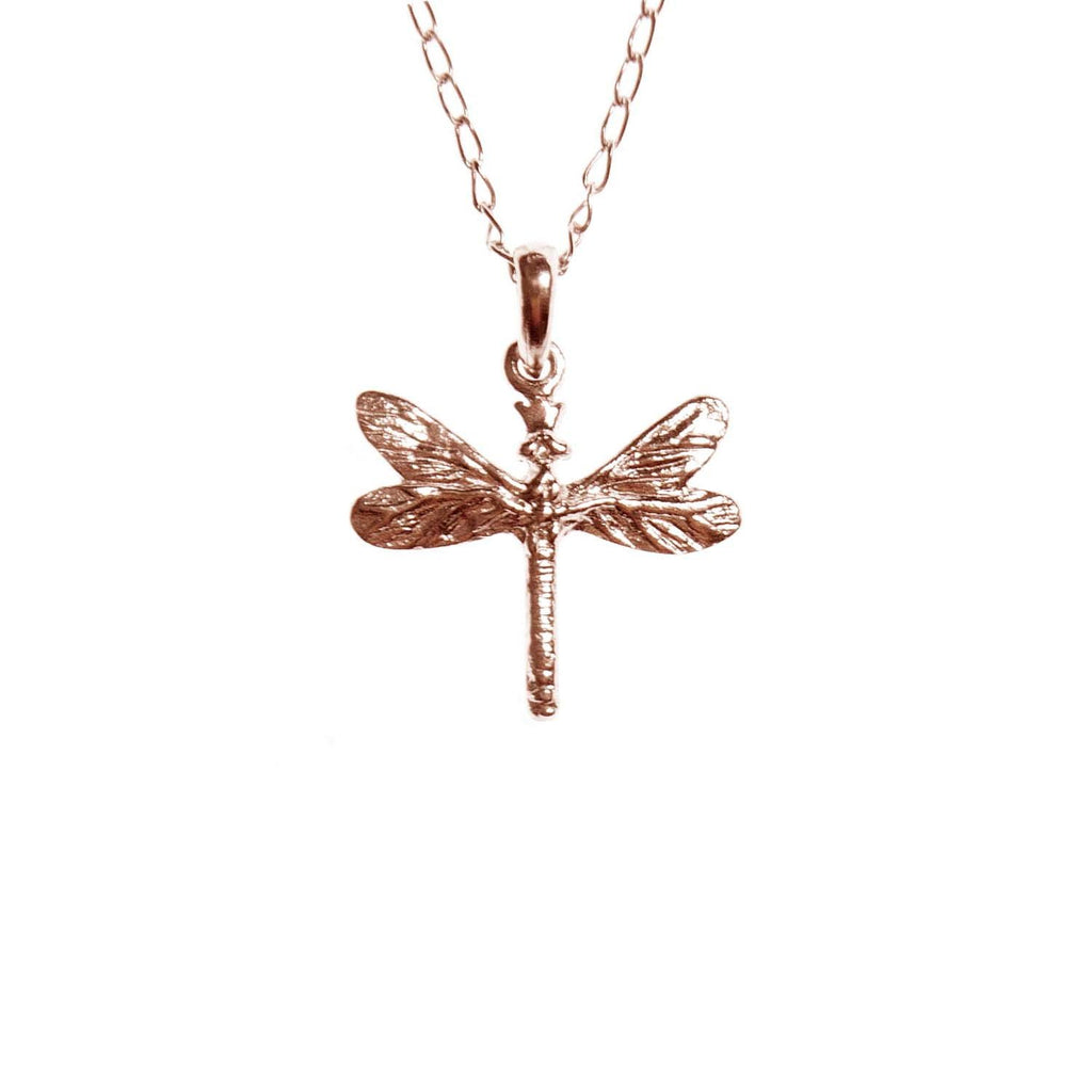 2. Rose gold plated silver dragonfly pendant on a delicate chain against a white background