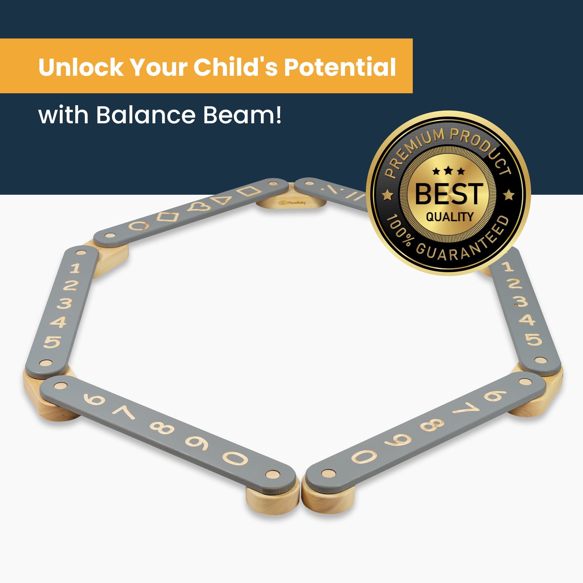 12. Grey wooden balance beam with numbers and geometric shapes in hexagon, featuring premium quality badge