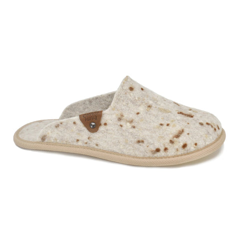 4. Side view of Omaking Pelsi beige felt slipper with dots, highlighting slip-on design