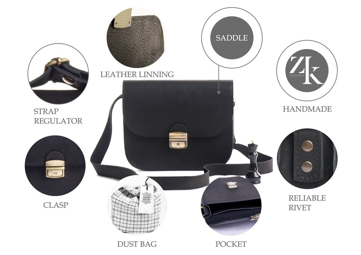 9. Size chart for Zelma Kraft saddle bags, showing dimensions and features for different sizes