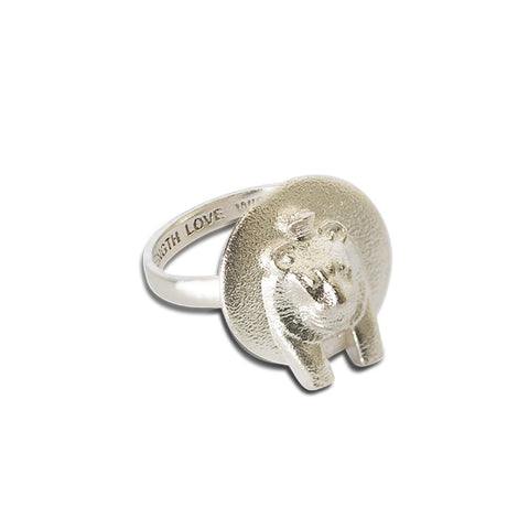 3. Side view of Sekhmet Fire Necklace Ring in silver, showing engraved text inside the band