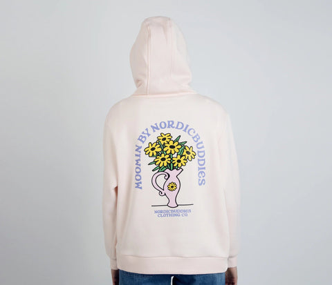 2. Back view of women's light pink Sniff Flower Bouquet Hoodie by Moomin, worn by model in studio