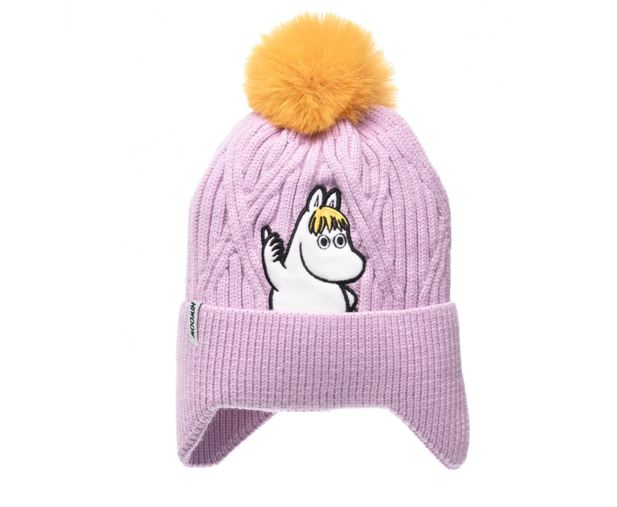 1. Kids' Snorkmaiden Winter Beanie in lilac with yellow pom-pom, featuring Moomin character, studio shot