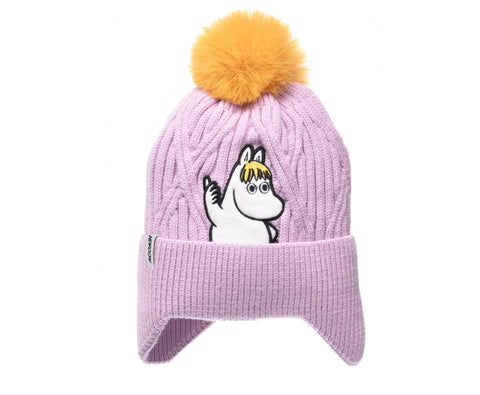 1. Kids' Snorkmaiden Winter Beanie in lilac with yellow pom-pom, featuring Moomin character, studio shot